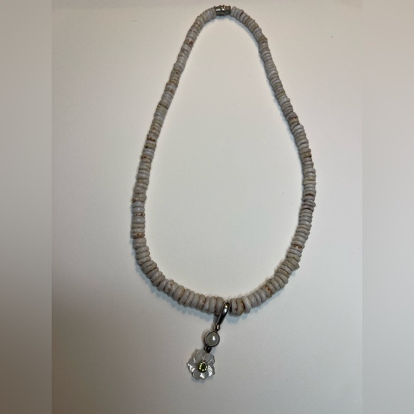 VINTAGE SHELL HEISHI Beads sterling silver flower Pendant NECKLACE vintage pearl - Picture 15 of 16
